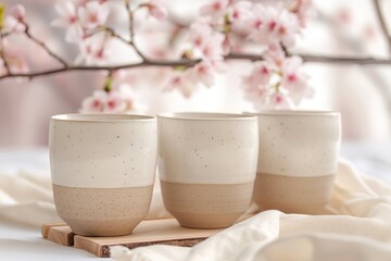 Three ceramic cups in a simple white design are arranged on a wooden tray, surrounded by cherry blossoms, creating a serene and elegant atmosphere