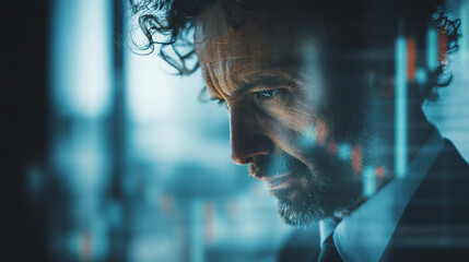 A focused business professional analyzing financial data through a digital interface in a modern work environment.