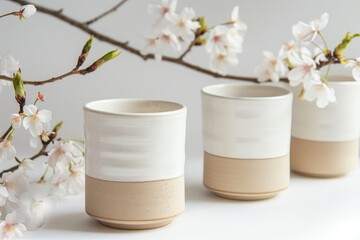 Beautiful ceramic cups featuring a white glaze and beige bottoms are elegantly placed next to blooming cherry blossoms amidst a calm atmosphere