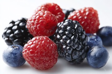 Close-up studio photograph of ripe raspberries, blackberries and blueberries on a pure white backdrop