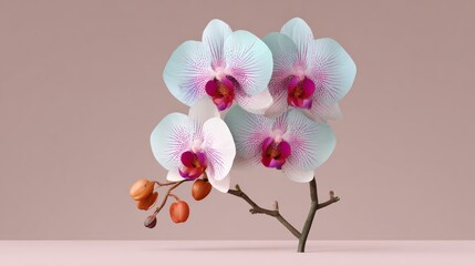 Geometric orchid flat illustration art featuring five flowers with soft pastel colors and clear lines, showcasing a minimalist design with copy space for creative use