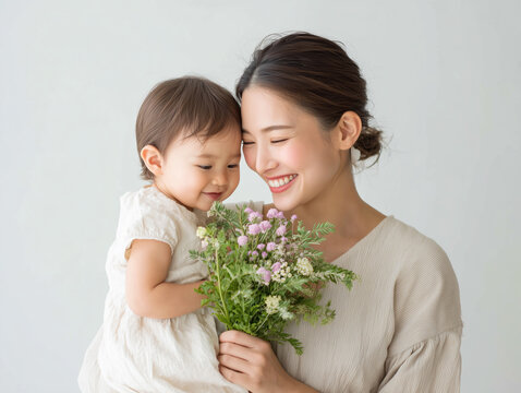 花束を持って寄り添う笑顔の母親と幼い娘
