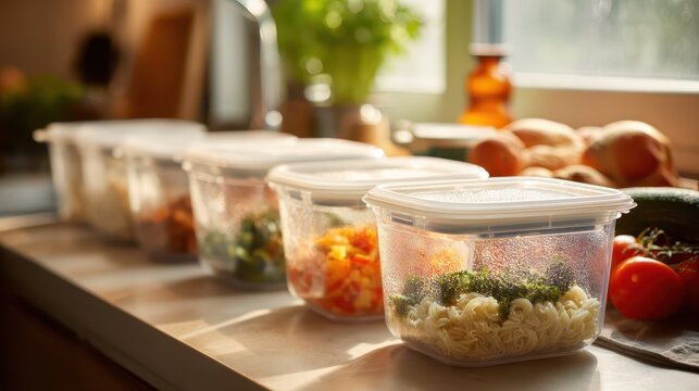 Colorful leftovers organized in plastic meal containers for meal prep