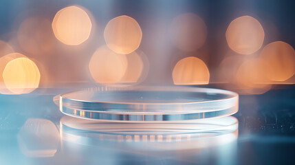 Acrylic wedding invitation is displayed on clear plates. The setting features a soft background with colorful lights creating a festive atmosphere