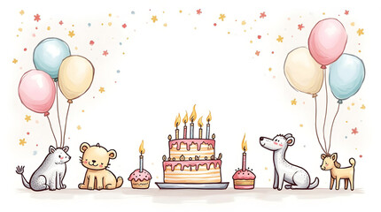 Obraz premium A whimsical watercolor illustration features adorable animal characters, colorful balloons, and a birthday cake with glowing candles, creating a joyful and celebratory festive scene