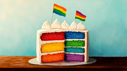 Sliced rainbow layer cake displays bright colors and whipped cream topping, perfect for parties celebrating love and diversity