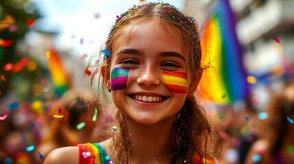 Joyful young girl with rainbow flag painted on her face celebrates during a vibrant pride event filled with colors and confetti