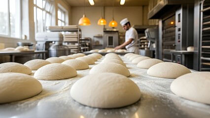 Baker preparing dough in a professional kitchen, with rows of freshly shaped bread loaves on a floured surface, showcasing the art of bread production and culinary craftsmanship