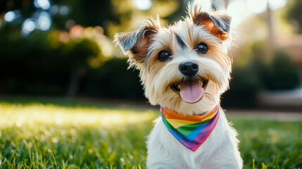 Happy dog sits on lush green grass in the backyard, wearing a vibrant bandana and smiling up at the camera in bright sunlight