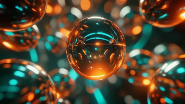 Transparent spheres reflecting vibrant orange and teal light, creating a dynamic abstract 