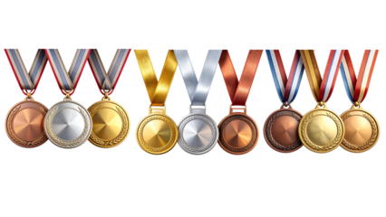 Blank Winner Medals Collection in Gold Silver and Bronze, Transparent Background
