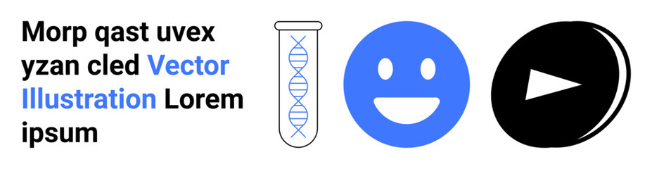 Fototapeta premium Science, technology, digital communication, genetics, media, user interface. A DNA test tube, happy face icon and play button icon in a minimalist design. Science and technology