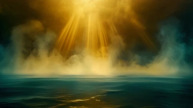 Abstract atmospheric scene depicting a vibrant golden sky casting an intense glow over a dar.