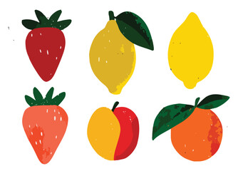Fototapeta premium Zestaw ręcznie rysowanych owoców: truskawki, cytryny, brzoskwinia i pomarańcza na białym tle.