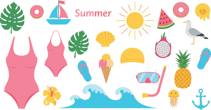 Summer beach elements vector set with swimsuit, tropical fruits, sun, waves and vacation icons for holiday, travel and seaside flat cartoon illustration design isolated on white background
