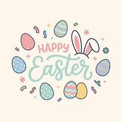 Colorful easter eggs and bunny ears with happy easter text