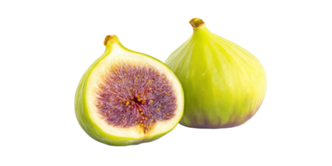 A Whole Fresh Green Fig and Another Fig Cut in Half to Show the Ripe Purple Pulp and Seeds Isolated on a Transparent Background.