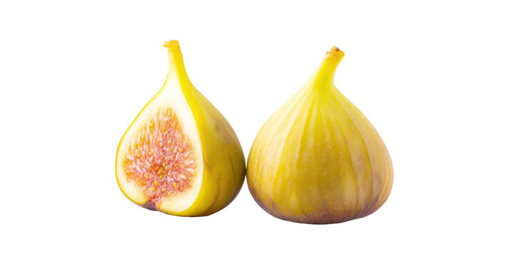 A Whole Ripe Yellow Fig Next to a Half Cut Fig Showing the Inner Pink Pulp and Seeds Isolated on a Transparent Background for Cutout.