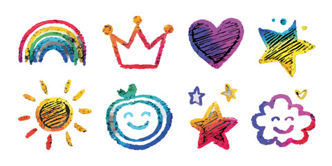 Zestaw ręcznie rysowanych, kolorowych ikon: tęcza, korona, serce, gwiazdy, słońce, uśmiechnięta chmurka na tle przezroczystym.