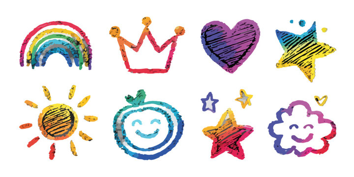 Zestaw ręcznie rysowanych, kolorowych ikon: tęcza, korona, serce, gwiazdy, słońce, uśmiechnięta chmurka na tle przezroczystym.