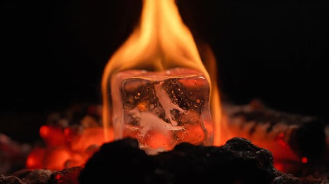 Glowing ice cube surrounded by fiery embers and a dark dramatic background.