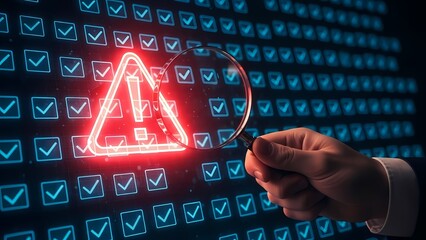 Warning Sign Alert on Digital Screen with Checkmarks.