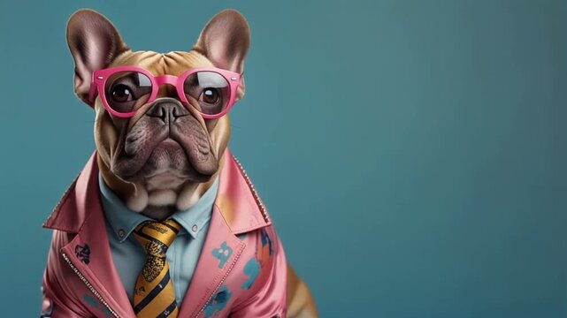 Cool looking French bulldog dog wearing funky fashion dress - jacket, tie, glasses. 