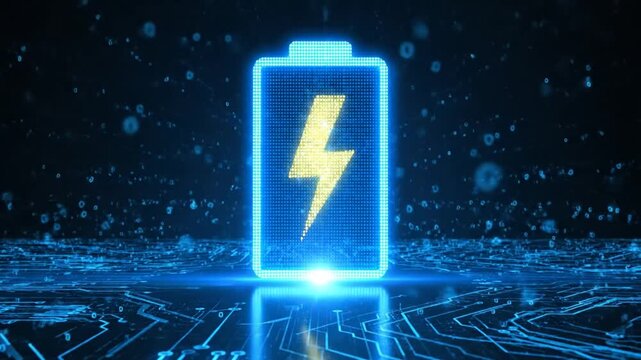 Futuristic Neon Battery Icon Glowing Over a Digital Circuit Grid.