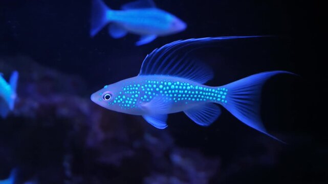 Bioluminescent deep sea fish glowing underwater with transparent fins and blue light, myster.