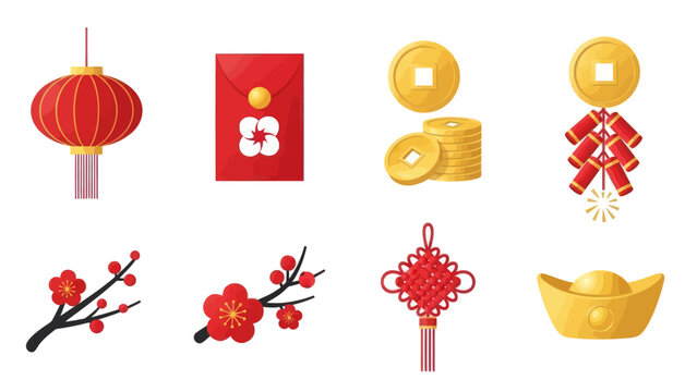 Chinese New Year Icons: Lantern, Red Envelope, Coins, Firecrackers, Plum Blossoms, Knot, Gold Ingot