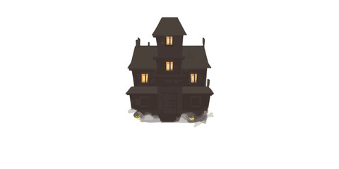 Mroczny, nawiedzony dom z zapalonymi oknami na przezroczystym tle, idealny na Halloween.