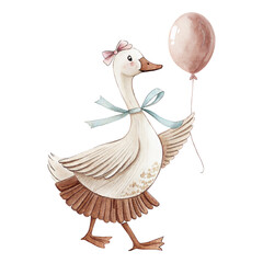 Watercolor illustration of a cute white goose wearing a skirt and holding a pink balloon, isolated on white background. Adorable birthday party bird character. © ThemeRage