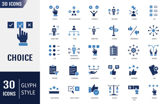 Choice icon set. Containing icons: decision, option, selection, dilemma, select, preference, quiz, opportunity and more. Vector illustration
