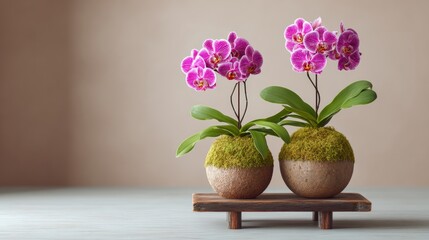 Kokedama orchid arrangement featuring two vibrant orchid plants growing from moss-covered spheres on a rustic wooden stand in a minimalist indoor setting with natural light and soft neutral background