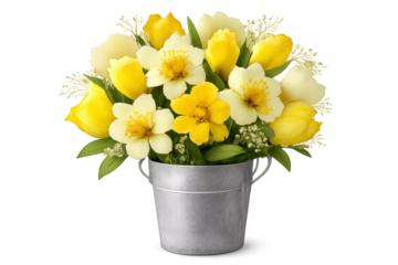 Spring bouquet of yellow tulips and daffodils in metal bucket