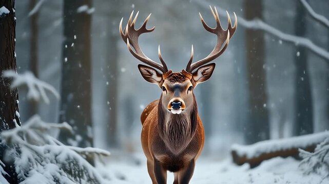 Noble deer male in winter snow forest. Artistic winter christmas landscape.