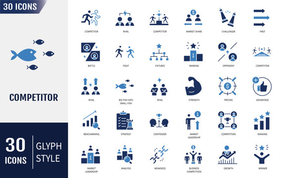Competitor icon set. Containing icons: competition, opponent, market leader, advantage, strengths, weakness, comparison, ranking and more. Vector illustration