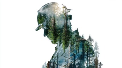 Double exposure silhouette of a construction worker combined with a forest. Green building eco concept.