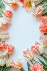 Frame of colorful tulips is lying on a pink background, creating a vibrant and romantic spring scene