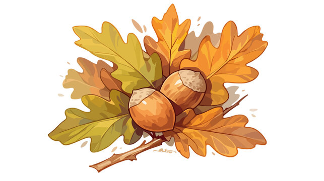 Illustrazione ad acquerello di ghiande e foglie di quercia autunnali con sfondo trasparente, natura.