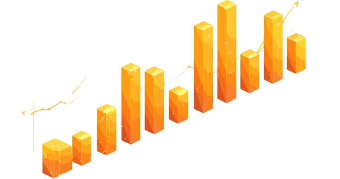 Grafico a barre isometrico 3D arancione su sfondo trasparente per analisi dati e statistiche di crescita aziendale.