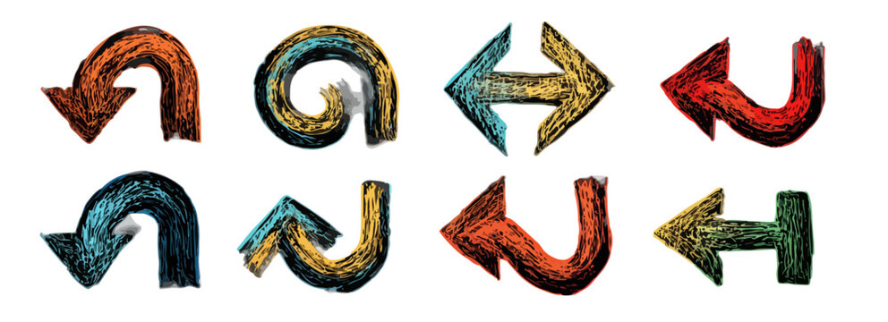 Set di otto frecce disegnate a mano con texture grunge e sfondo trasparente, direzioni varie.