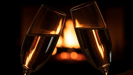 Two champagne flutes clinking together in front of a warm, glowing fireplace, symbolizing celebration and romance.