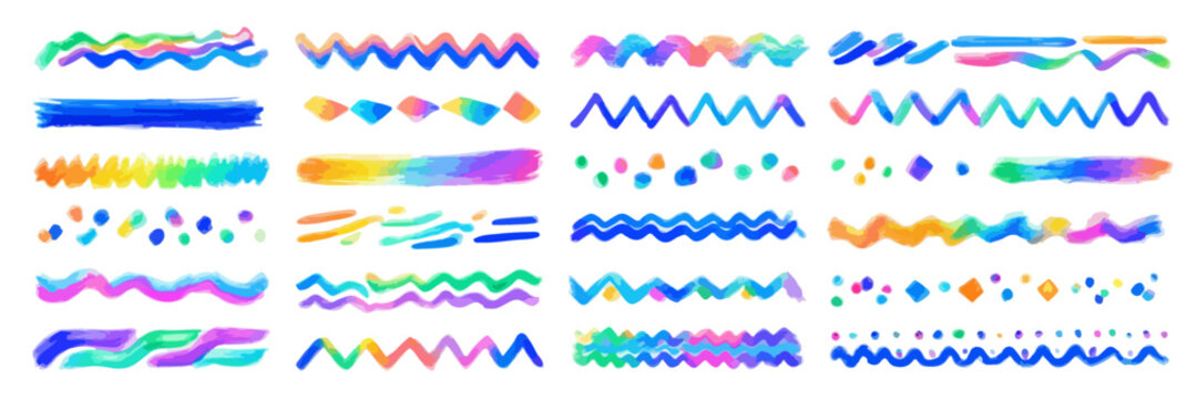 Set di linee astratte e onde colorate con sfumature vivaci, perfette per elementi grafici.