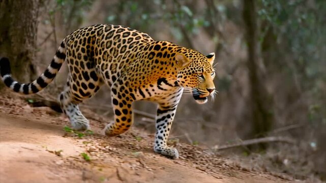 Sri Lanka Leopard (Panthera pardus kotiya), adult, stalking, running, alert, Sri Lanka 