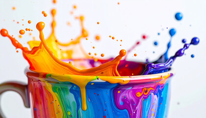 Ceramic cup overflowing with bright colorful paint, splash frozen mid-air over the rim, glossy liquid
