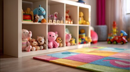 Obraz premium Medium shot of childs play therapy corner featuring colorful rug and soft lighting with low shelves filled with diverse toys in soft focus background.