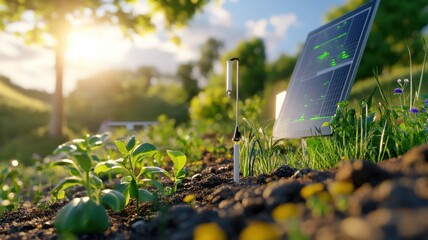 Technician analyzes data on laptop at environmental monitoring station in reforested field with smart sensors