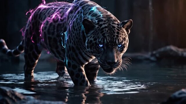 Neon-lit panther-like big cat wading through shallow water at night, dramatic reflections.