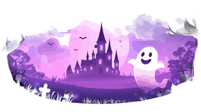 Spettrale paesaggio notturno viola con castello infestato, fantasmi sorridenti e lapidi in primo piano.